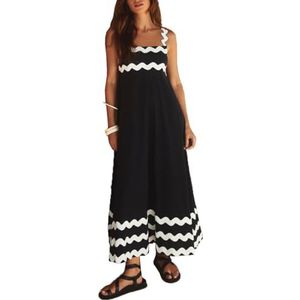 Dames zomer maxi-jurk casual boho mouwloze spaghettibandjes gesmokte lange strandzonjurken(Color:Black White B,Size:Large)