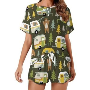 Bears Forest Camping Cars Zachte Womens Pyjama Korte Mouw Pyjama Loungewear met Zakken Gift voor Thuis Strand 5XL