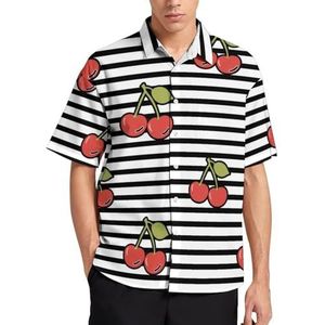 Kersen en strepen zomer heren shirts casual korte mouwen button down blouse strand top met zak 2XL