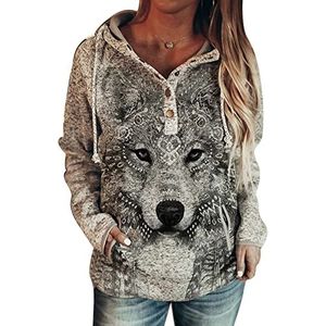 Vrouwen Wolf Print Hoodie - Animal Print Hooded Sweatshirt Uil Patroon Lange Mouw Trui Top met Zak, # 5, XL