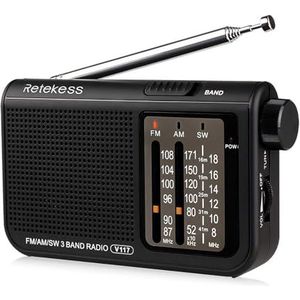 Retekess V117 kleine radio, werkt op batterijen, FM AM SW draagbare radio, wereldontvanger, radio's, accu, hoofdtelefoonaansluiting, keuken, badkamer, om te wandelen, kamperen, voor senioren (zwart)