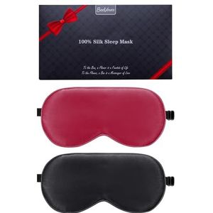 BeeVines Zijden slaapmasker, 2-pack 100% echt natuurlijk, puur zijden oogmasker met verstelbare riem, oogslaapmasker, voor zomerreizen Vermindert gezwollen ogen (04 Black & Red)