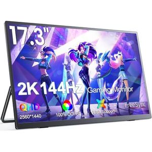 UPERFECT 2K 144Hz 17.3 Inch Draagbare Monitor met 2560x1440 400 Nits Oogverzorging IPS Mat Scherm Mini HDM Type C voor Laptop PC PS4/5 Xbo Switch, Mobiel Display VESA Compatibel