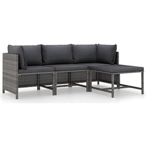 vidaXL 4-delige Loungeset met kussens poly rattan grijs