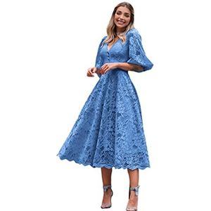Lace Dress For Women European And American Spring And Summer V-Neck Mid-Waist Mid-Sleeve Lace Dress Large Swing Skirt Mid Skirt Solid Color Retro Lace Princess Dress A,M