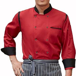 YWUANNMGAZ Unisex chef-koksjack met lange mouwen voor heren en dames, kookjas, restaurant ober uniform ademend keuken bakerkleding shirt (kleur: rood, maat: C (XL))