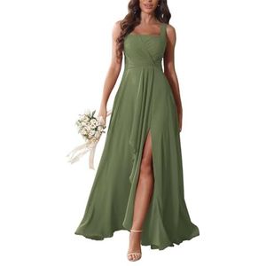KURFACE Chiffon bruidsmeisjesjurken met split ruches lange bruidsmeisje vloerlengte formele avondjurk, Stoffige Salie, 32
