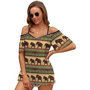 Hippie Etnische Afrikaanse Olifant Grunge Tribal Azteekse Art Vrouwen Blouse Koude Schouder Korte Mouw Jurk Tops T-shirts Casual Tee Shirt S