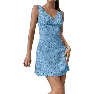 jurken voor dames Ditsy bloemenprint V-halsjurk for dames - Boho-stijl mouwloze midi-/korte jurk (Color : Blue, Size : L)