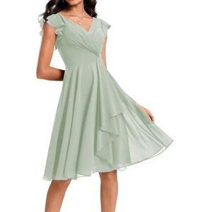 Chiffon bruidsmeisjesjurk met zakken voor dames, prinsessenjurk, baljurk, plooien, cocktailjurk, grote maten, Sage Groen, 40