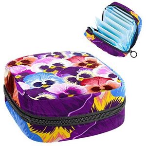 Periode Pouch Draagbare Tampon Opbergtas,Tampon Houder voor Portemonnee Vrouwelijke Product Organizer,Varicolored Viooltjes Bloem, Meerkleurig, 4.7x6.6x6.6 in/12x17x17 cm