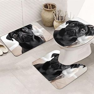 VTCTOASY Leuke Zwarte Mopshond Print Badkamer Tapijten Sets 3 Stuk Absorberend Toilet Deksel Cover Antislip U-vormige Contour Mat voor Toilet Badkamer