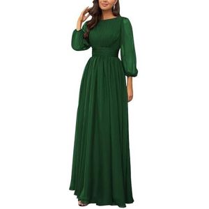 KURFACE Bruidsmeisjesjurken met lange mouwen, geplooide ronde hals, chiffon, bruidsmeisje, formele avondjurk, Emerald Groen, 32