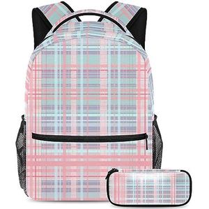 Roze blauwe geruite patroon rugzak met etui, 2 stuks Kid schooltas set voor jongens meisjes tieners, reizen boekentas voor studenten, Meerkleurig, B：29.4x20x40cm P：19x7.5x3.8cm, Rugzakken