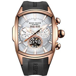 REEF TIGER Sport Horloges voor Mannen Rose Gold Tone Tourbillon Automatische Horloge Rubber Band RGA3069, Rga3069-pwb, riem