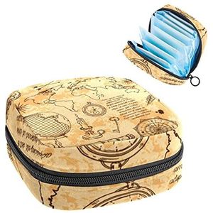 Maandverband Opbergtas,Draagbare maandverband Opbergzak,Wereldkaart kompas, Meerkleurig, 4.7x6.6x6.6 in/12x17x17 cm