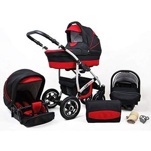 Kinderwagen 3 in 1 complete set met autostoeltje Isofix babybad babydrager Buggy Larmax van ChillyKids black & red 3in1 (inclusief autostoeltje)