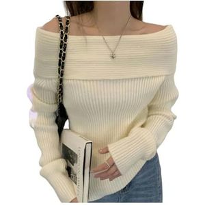 Sweater for women Sexy White Flat Collar Sweater For Women, Collarbone Off-shoulder Sweater For Slimming-white-one Size