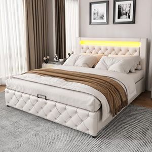 Aunvla Gestoffeerd bed 160 x 200 cm, functioneel bed met lattenbodem en opbergruimte, met LED-verlichting, met opbergfunctie, wit, PU
