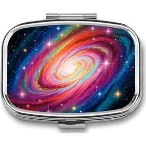 Pillendoosje 2 compartimenten pillenorganizer kleurrijke Galaxy Travel pillenhoes met spiegel vierkante metalen pillencontainer wekelijkse medicijnplanner vitamine organizer voor zak