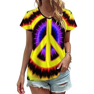 Tie Dye Peace Sign Dames V-hals T-shirts Leuke Grafische Korte Mouw Casual Tee Tops M