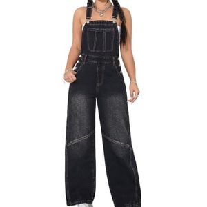 OHERUWKLS Dames Zomer Verstelbare Bandje Rechte Distressed Gradient Denim Jumpsuit,zwart,L