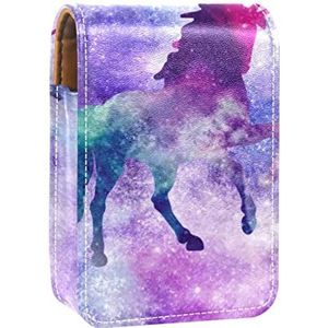 Eenhoorn Sterrenhemel Galaxy Lipgloss Houder Lippenstift Case Draagbare Mini Lipstick Opbergdoos Reizen Lipstick Organizer Case met Spiegel voor Vrouwen, Meerkleurig, 9.5x2x7 cm/3.7x0.8x2.7 in