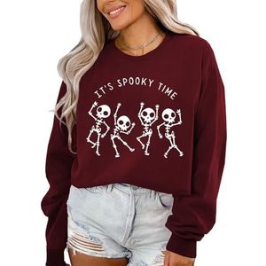 MLZHAN It's Spooky Time Halloween Sweatshirts Vrouwen Grappig 4 Dansend Skelet Lange Mouw Shirts Halloween Causale Gift Tops (Wijn Rood, XXL), wijnrood, XXL