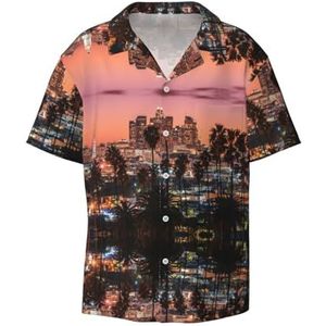 OdDdot Los Angeles Palmbomen Print Heren Overhemden Atletische Slim Fit Korte Mouw Casual Business Button Down Shirt, Zwart, 4XL