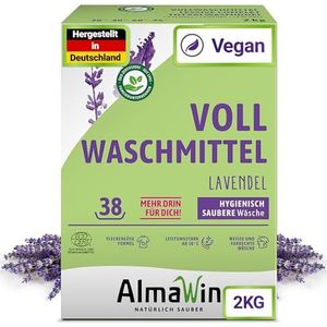 AlmaWin Volwasmiddel 2 kg, milieuvriendelijk waspoeder met waskrachtversterker, voldoende voor ca. 36 wasbeurten, vrij van synthetische geur- en kleurstoffen, veganistisch