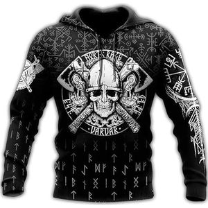 Mannen Viking hoodie, skelet krijger bijl rune 3D print herfst unisex hoodie casual sportswear unisex casual hoodie (Color : Color, Size : XXXXXL)
