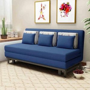 Queen Slaapbank, 3-in-1 Slaapbank Met 6 Verstelbare Rugleuningen, Linnen Bank Met 3 Kussens, Loveseat Voor Woonkamer dark blue-150cm