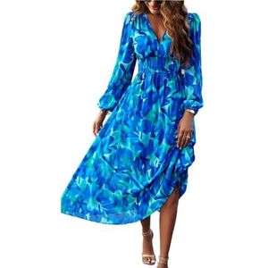 CupitiDU Dames Boho Bloemen Gedrukt Chiffon Jurken, Casual Zomer V-hals Chiffon Lange Boerenmouwen Vloeiende Orset Jurk, Blue-1, XL