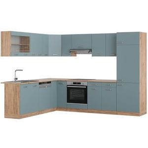 Vicco Hoekkeuken R-Line Solid eiken blauw grijs 287 x 227 cm moderne keukenkasten keukenmeubel