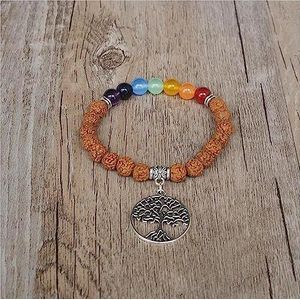 Armbanden, Rudraksha Bodhi Houten Kralen Boeddhistische Zeven Chakra Armband Levensboom Yoga Healing Reiki Bid Mala Armband (Color : Life Tree)