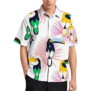 Tropic Roze Plant Bladeren En Toekan Vogel Hawaiiaanse Shirt Voor Mannen Zomer Strand Casual Korte Mouw Button Down Shirts met Pocket