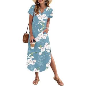 AUSELILY Ongedwongen maxi-jurk voor dames, voor in de zomer, met korte mouwen, V-hals, losvallende zomerjurk, split, lange strandjurk, shirtjurk voor op vakantie, Bloemen Licht Blauw, XXL