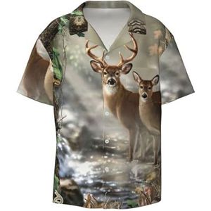 TyEdee Camouflage hertenprint heren korte mouw overhemd met zak casual button down shirts business shirt, Zwart, 3XL