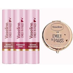 Vaseline x Emily in Paris | Set Lippenbalsem Stick Set van 3 plus Zakspiegeltje Compact Spiegeltje | Limited Edition | (Mix Set & Spiegel)