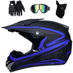 Uniseks Integraal MTB Motorcross Helm, Jeugd Kinderen Offroad Motor ATV Scooter Enduro Helmen, Bergafwaarts Racen BMX Quad Dirt Bike Helm, met Bril Handschoenen Masker(Blue,S/52-53CM)