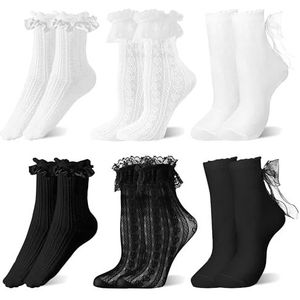 PYSEOSISE - Ruches Sokken - Wit en Zwart - 6 Paar Enkelsokken - Ademend Katoen