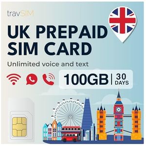 travSIM UK Sim Prepaid | 100GB Data + Onbeperkt bellen & Sms'en | 4G/5G Snelheid | Werkt in het hele Verenigd Koninkrijk | UK sim card is 30 dagen geldig
