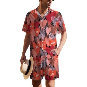 Bright Red Hearts Hawaiiaanse pak voor heren, set van 2 stuks, strandoutfit, shirt en korte broek, bijpassende set