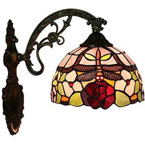 8 -Inch Pastorale Stijl Tiffany Wandlicht, Wandlamp In Een Gebrandschilderd Glas In Oude Libel In De Vorm Van Een Rode Roos, Muurlicht Van Rustieke Victoriaanse Stijl