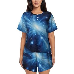 YJxoZH Blauwe Galaxy Print Vrouwen Zomer Pyjama Sets Nachtkleding Dames Korte Mouw Nachtkleding Pjs Lounge Met Zakken, Zwart, 3XL