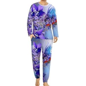 Paarse bloem lieveheersbeestje comfortabele heren pyjama set ronde hals lange mouw loungewear met zakken 5XL