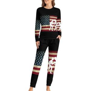 Worstelen Amerikaanse Amerikaanse vlag zachte damespyjama met lange mouwen, warme pasvorm, loungewear sets met zakken, 5XL