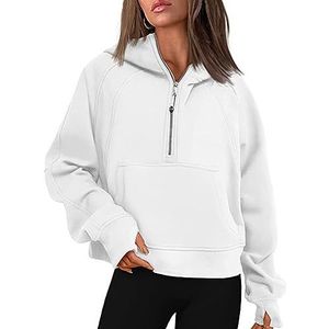 Womens Hooded Sweatshirts Half Zipper Pullover Cute Shirts for Teen Girls Clothes Crop Hoodie Fleece Lined Hoodies Cropped Long Sleeve Tops (Color : White, Size : L)