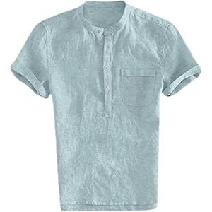 Heren Zomer Linnen Katoenen Overhemd Casual Korte Mouw Knoopsluiting Strandoverhemden heren t-shirt(Blue,3XL)