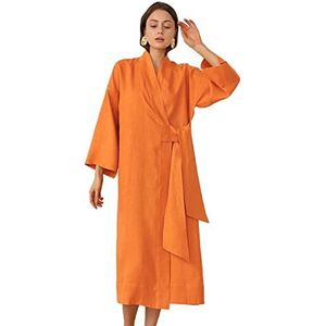 GHYUBYER Dames kimono gewaden linnen lichtgewicht lange 100% katoen spa & bad badjas voor vrouwen - sneldrogend - zacht, Oranje, L